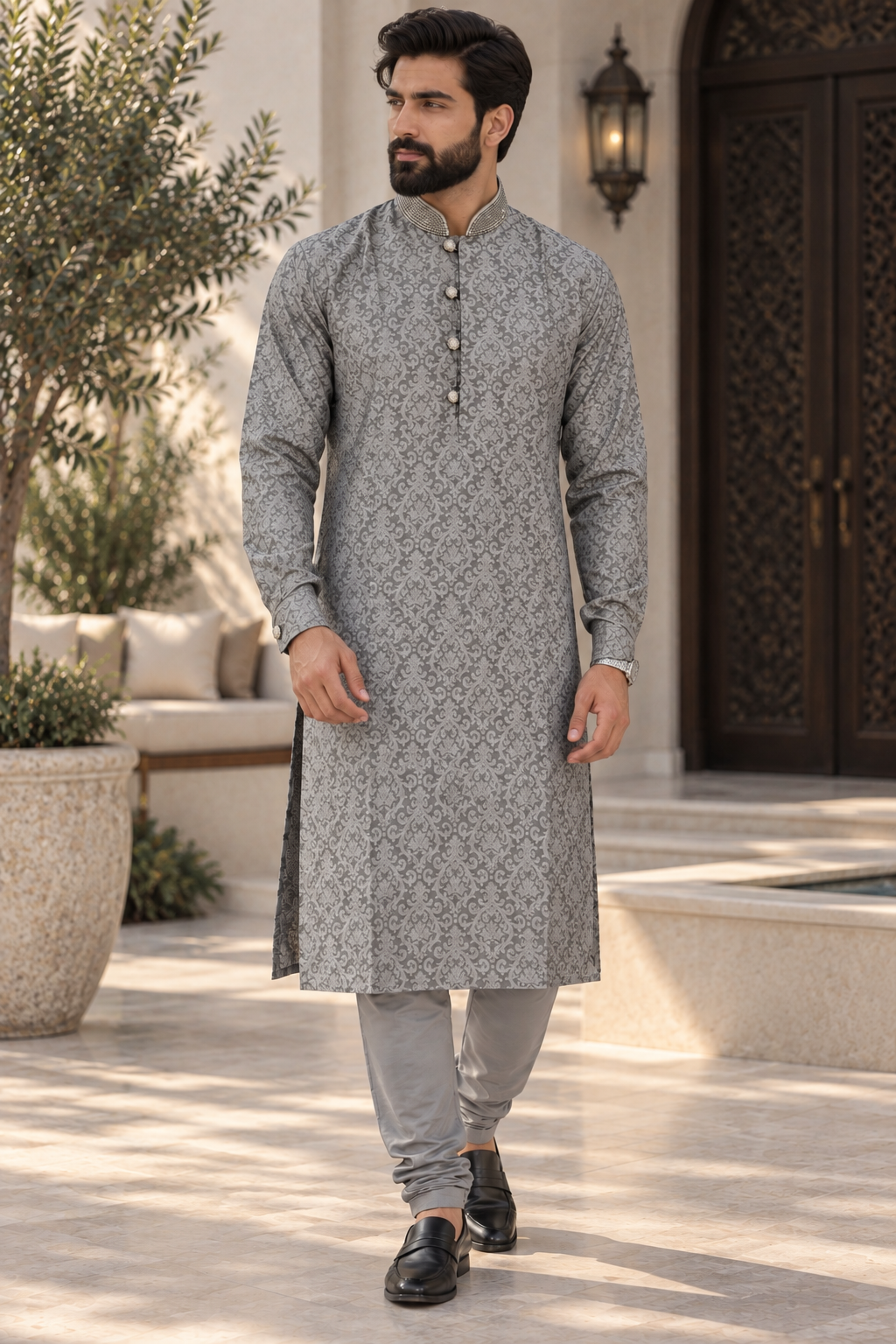 Men’s Grey Jacquard Kurta Pajama with Diamante Collar
