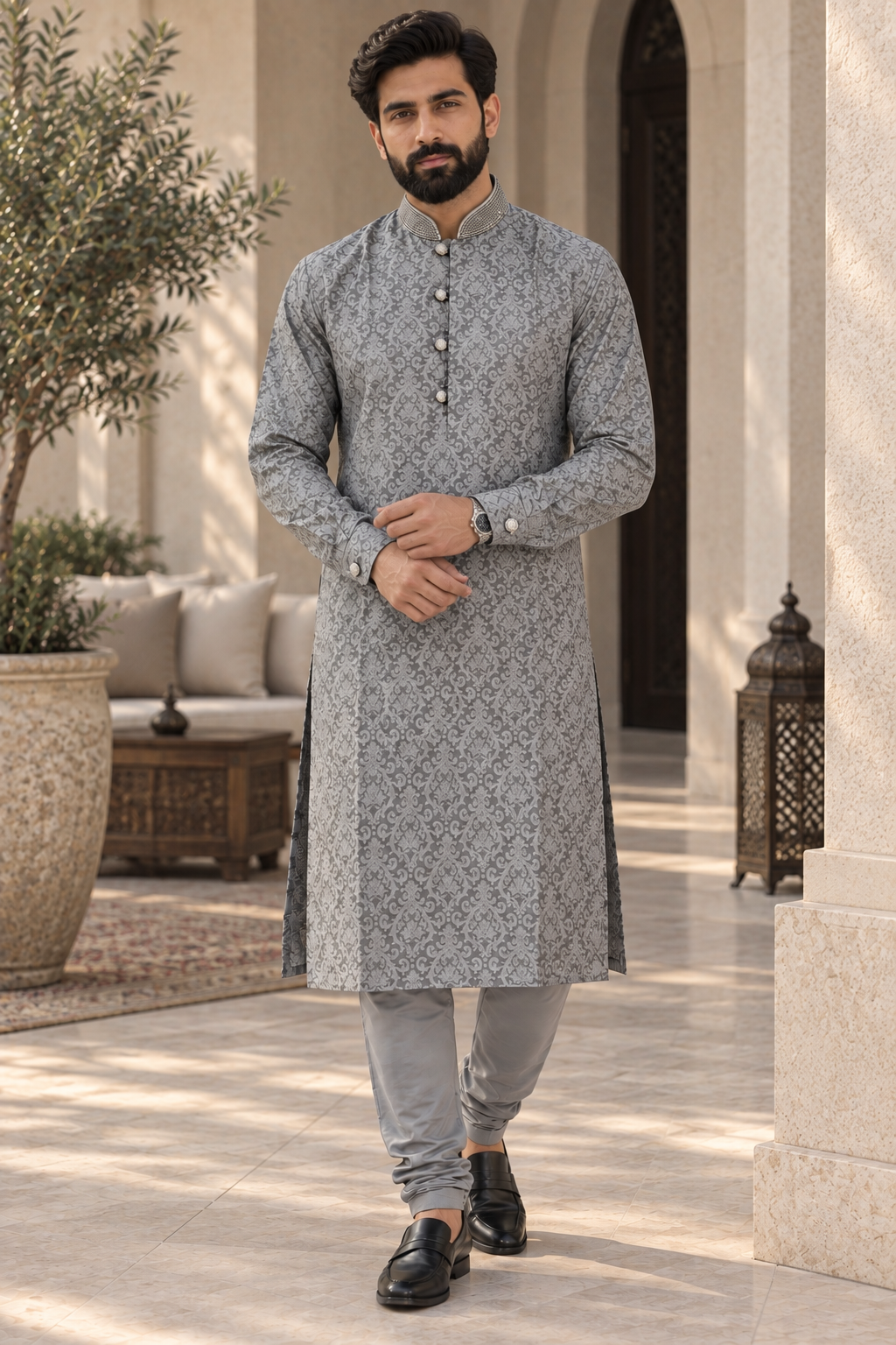 Men’s Grey Jacquard Kurta Pajama with Diamante Collar