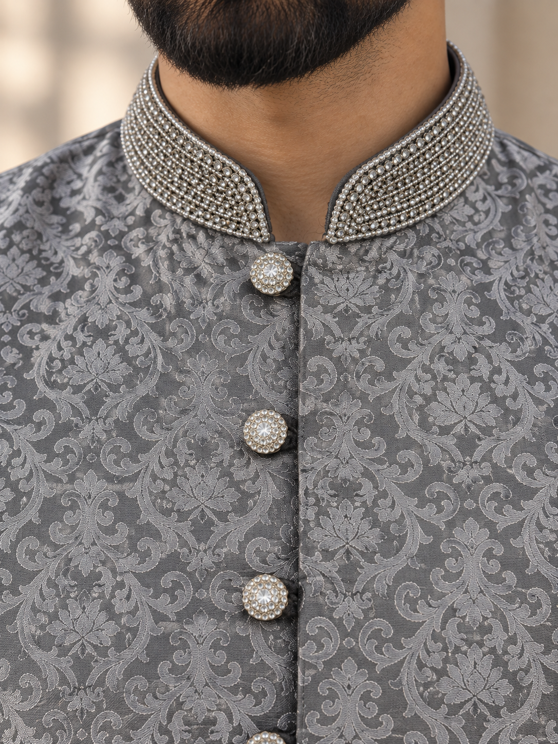 Men’s Grey Jacquard Kurta Pajama with Diamante Collar