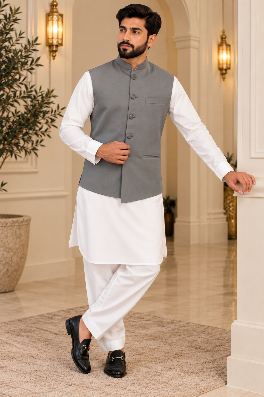 Grey Men’s Indian Nehru Jacket | Plain Wedding Waistcoat