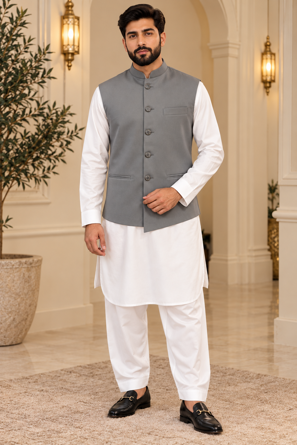 Grey Men’s Indian Nehru Jacket | Plain Wedding Waistcoat
