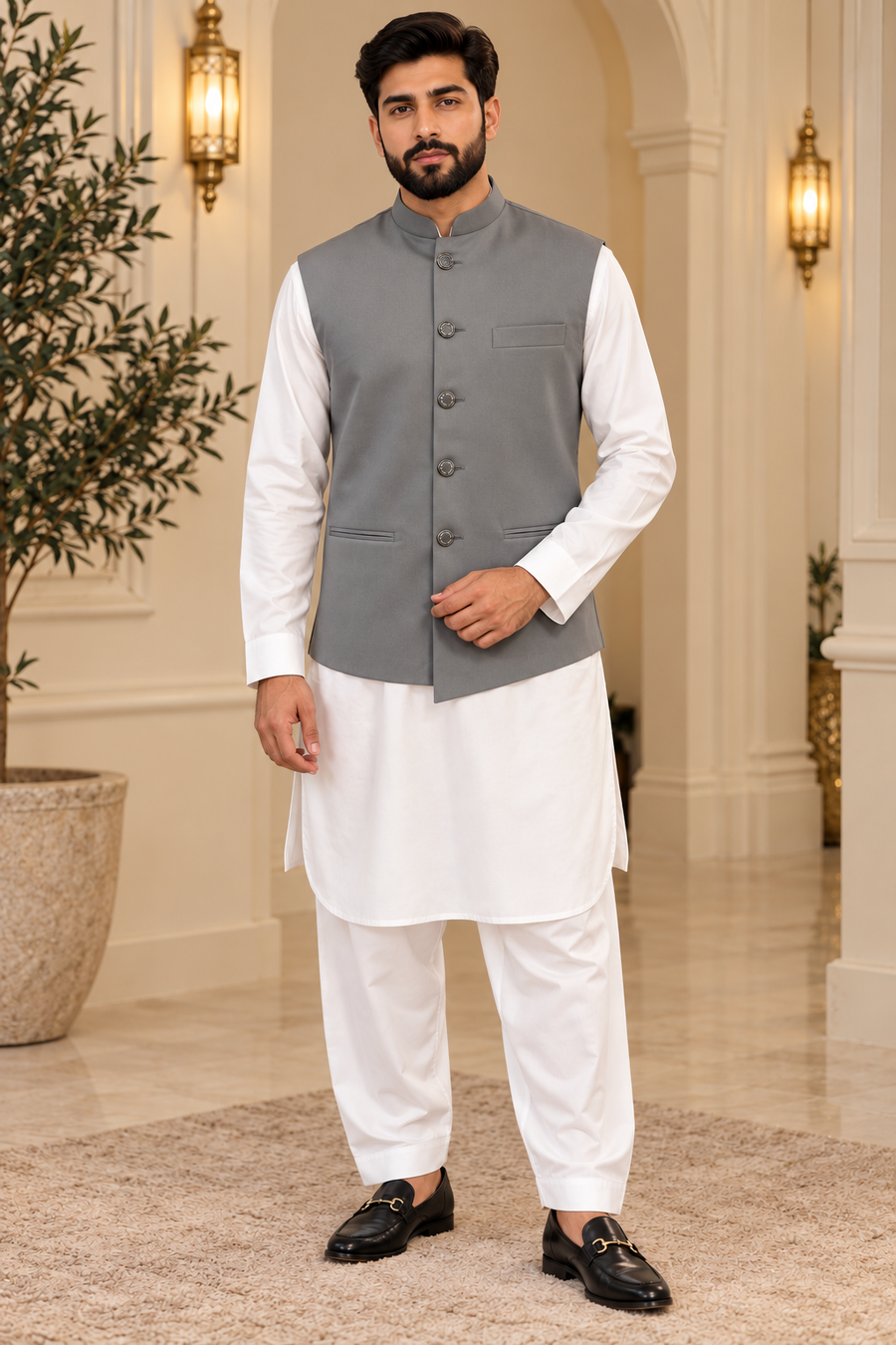 Grey Men’s Indian Nehru Jacket | Plain Wedding Waistcoat