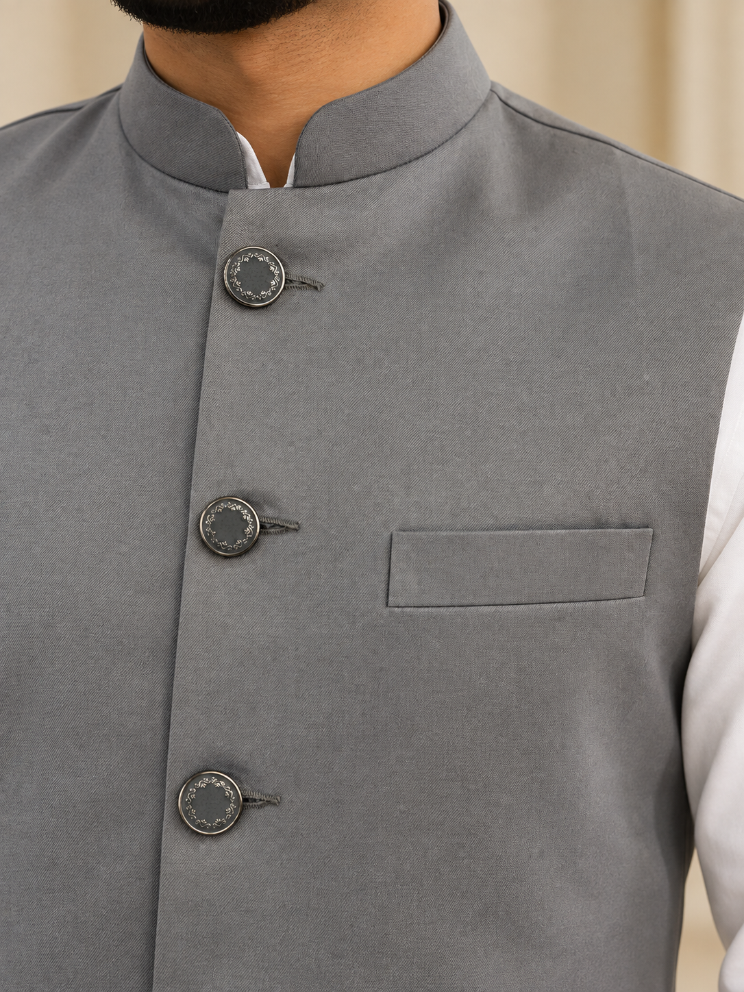 Grey Men’s Indian Nehru Jacket | Plain Wedding Waistcoat