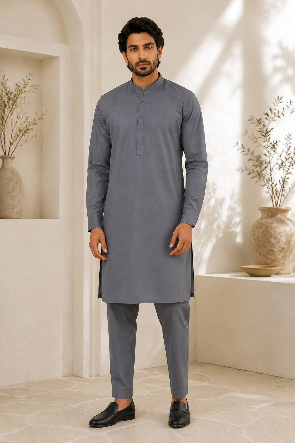 Men’s Grey Salwar Kameez with Trousers