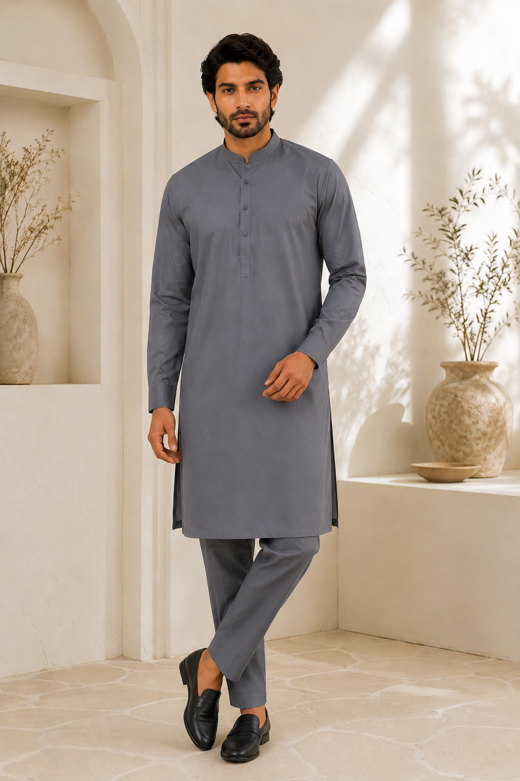Men’s Grey Salwar Kameez with Trousers