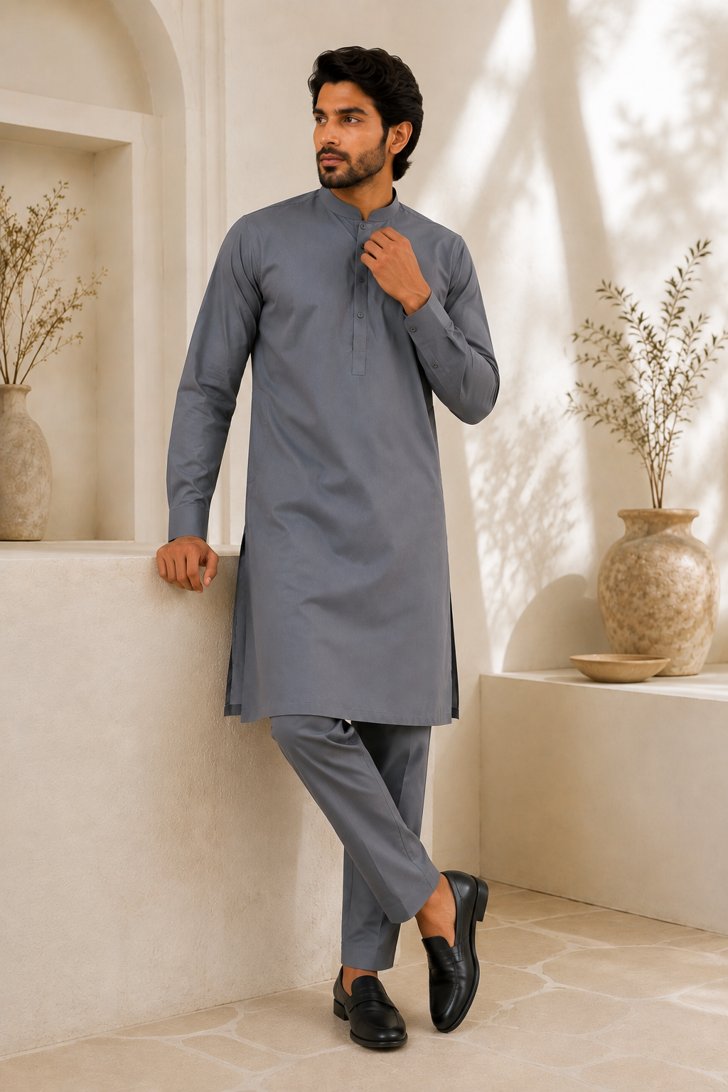 Men’s Grey Salwar Kameez with Trousers