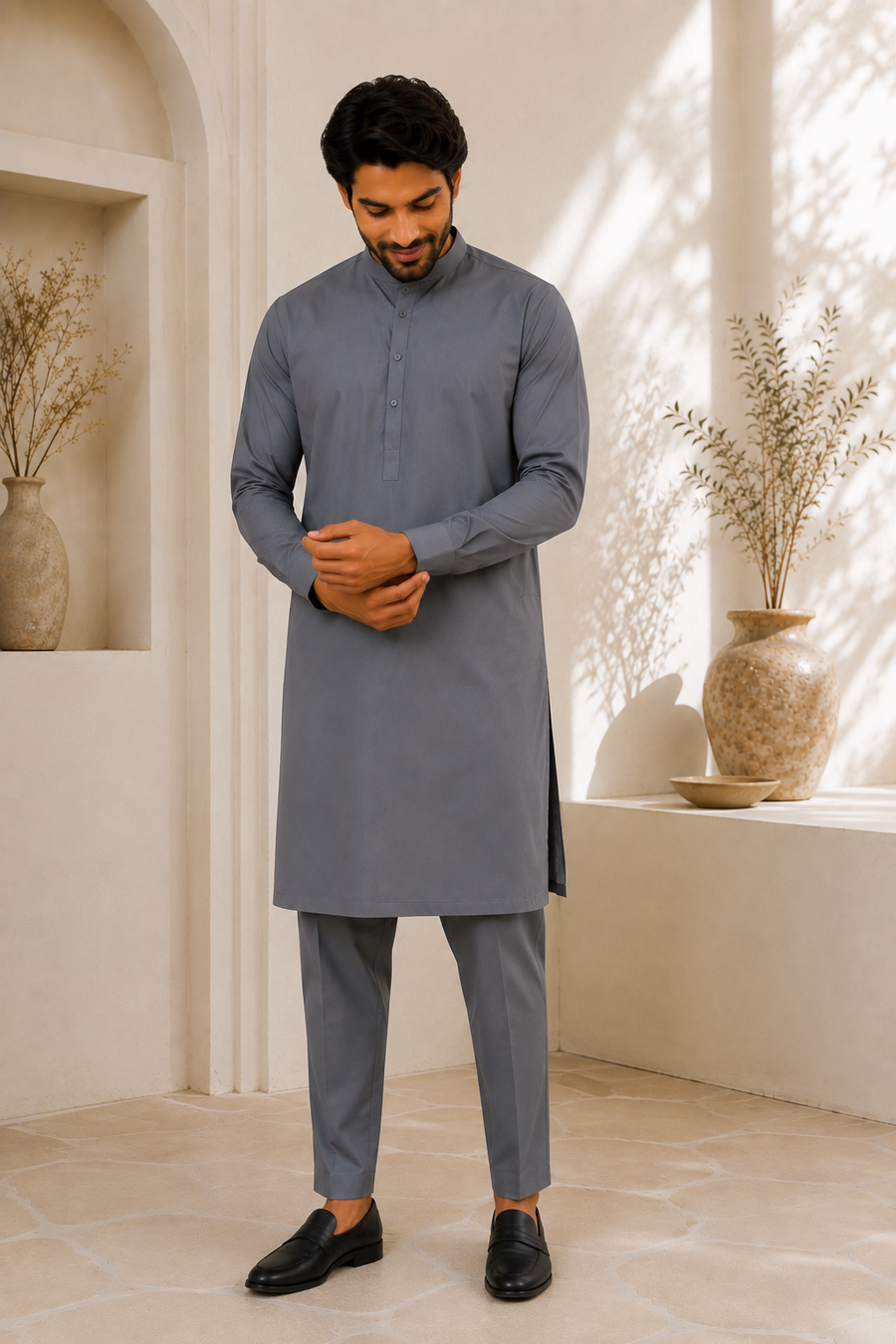Men’s Grey Salwar Kameez with Trousers