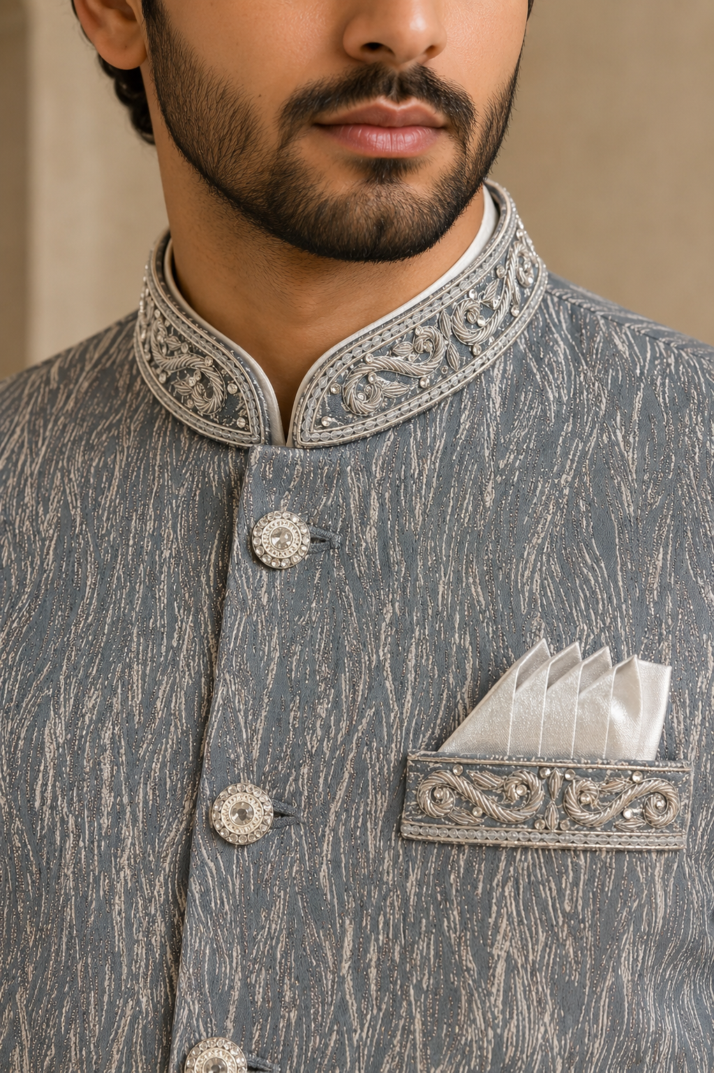 Mens indian grey silver wedding nehru jacket waistcoat jacquard fabric