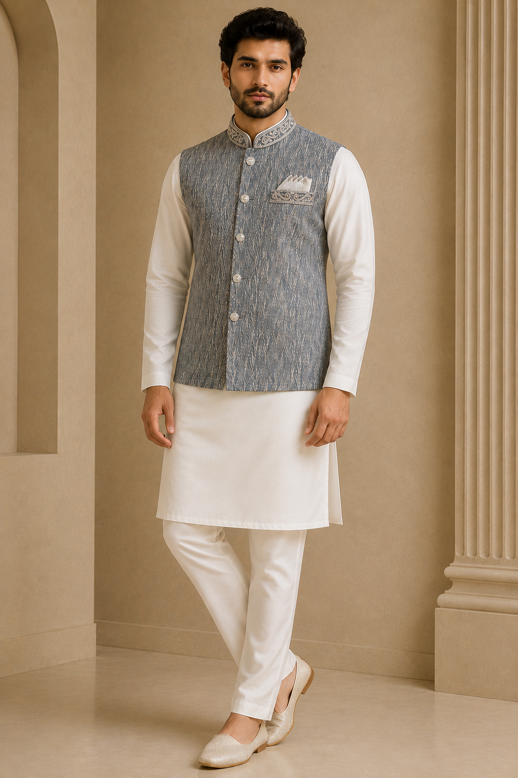 Mens indian grey silver wedding nehru jacket waistcoat jacquard fabric