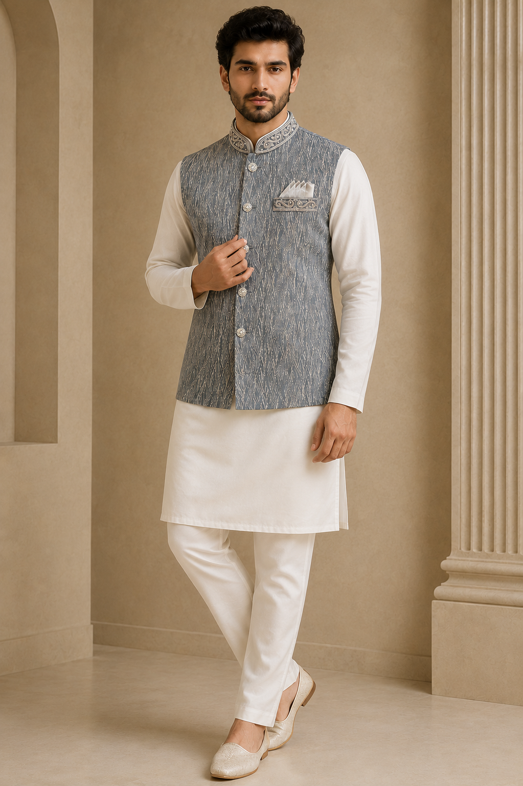 Mens indian grey silver wedding nehru jacket waistcoat jacquard fabric