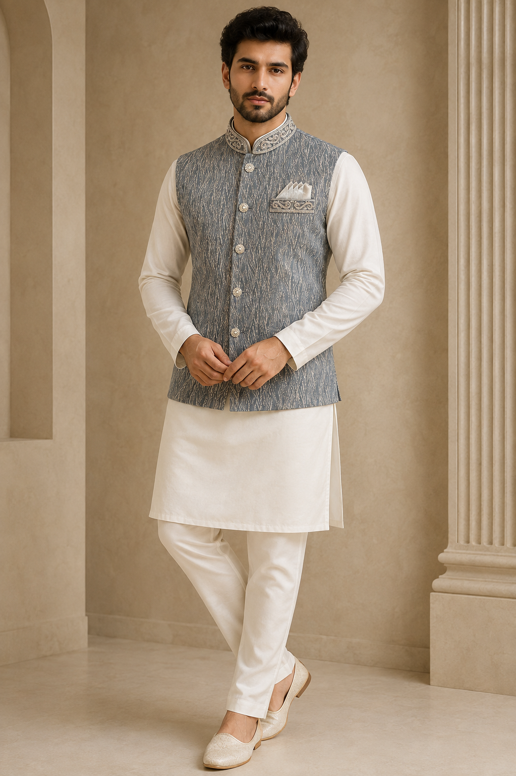 Mens indian grey silver wedding nehru jacket waistcoat jacquard fabric