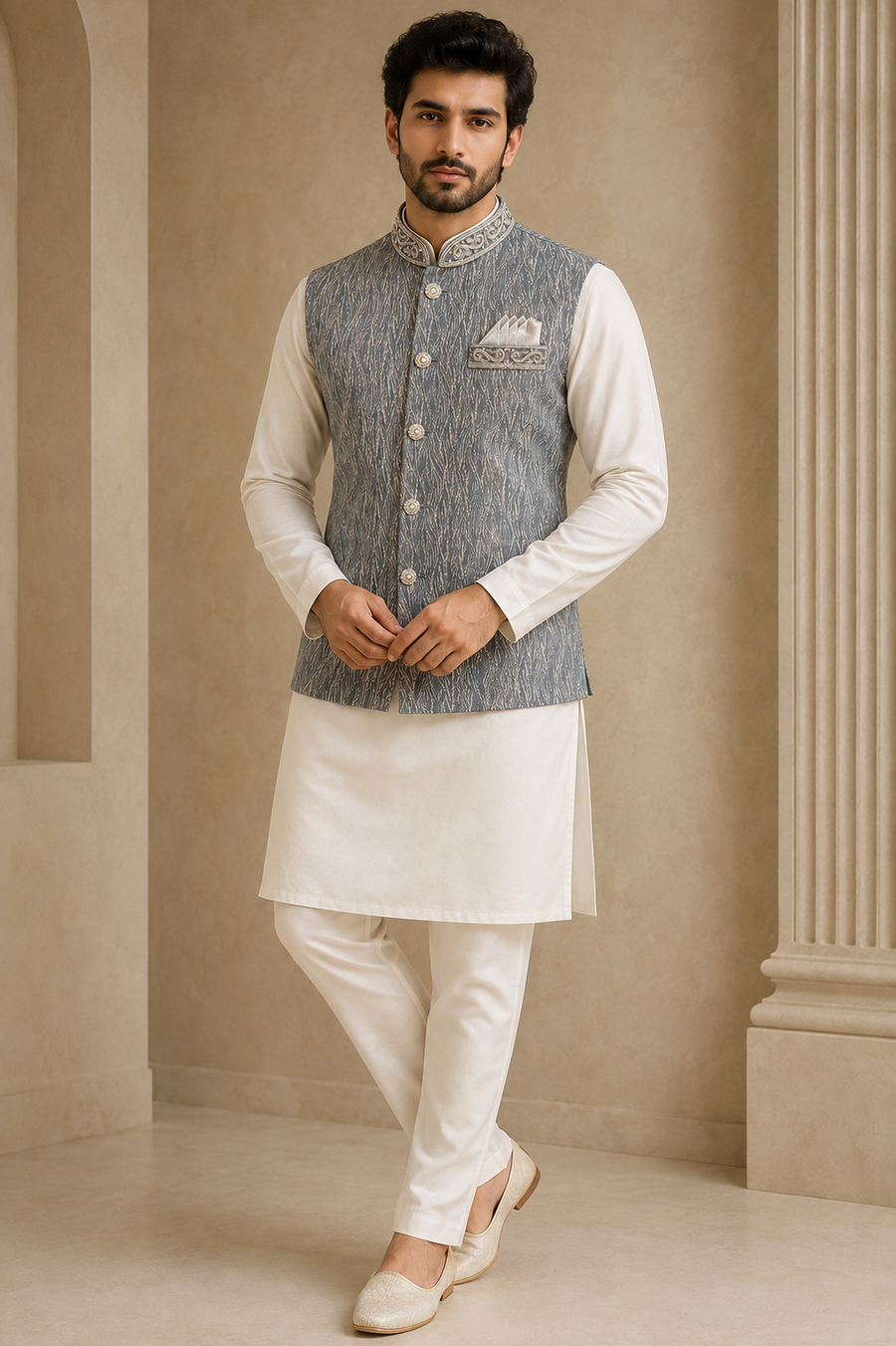 Men's Silver Grey Indian Nehru Jacket Waistcoat