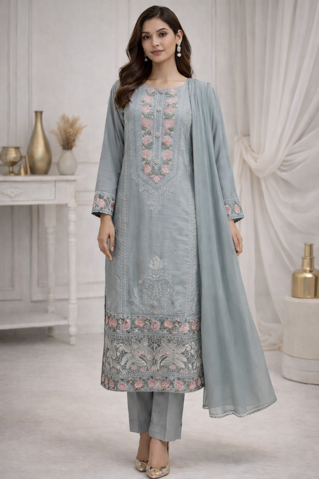 Grey Trouser Suit For Ladies Casual Wear With Scarf And Floral Embroidery