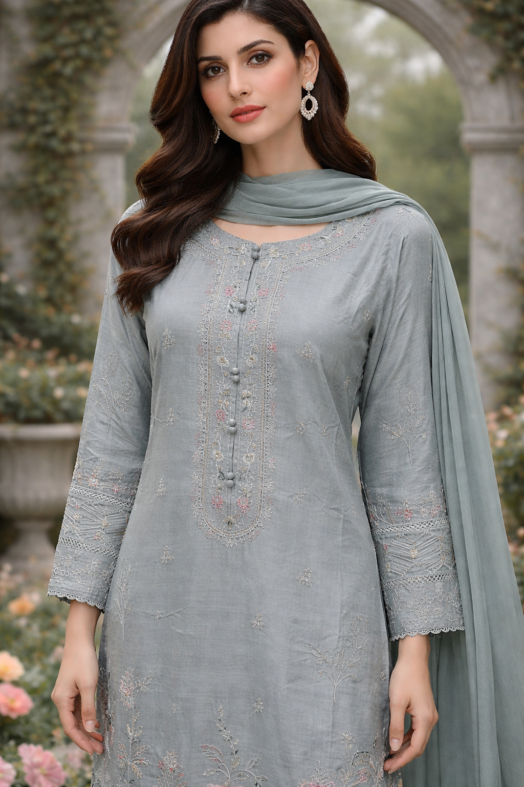 ladies grey trouser suit. Front view with scarf