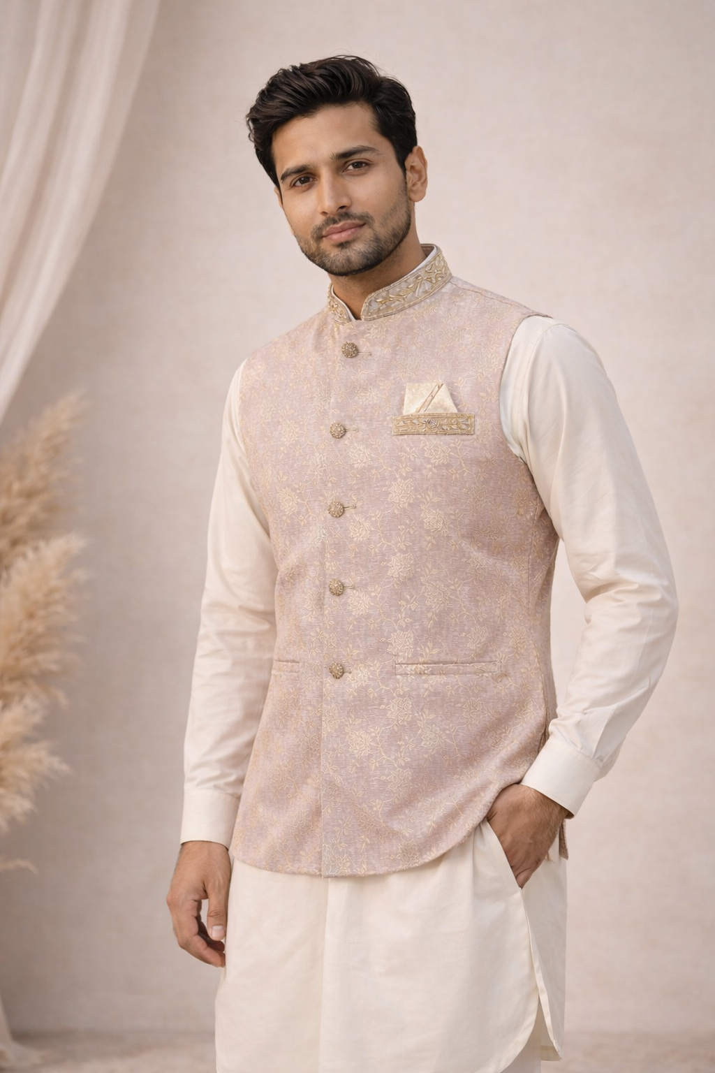 Mens indian nehru jacket waistcoat in dusty pink color standing view with gold front buttons, perfect for weddings, parties and formal events