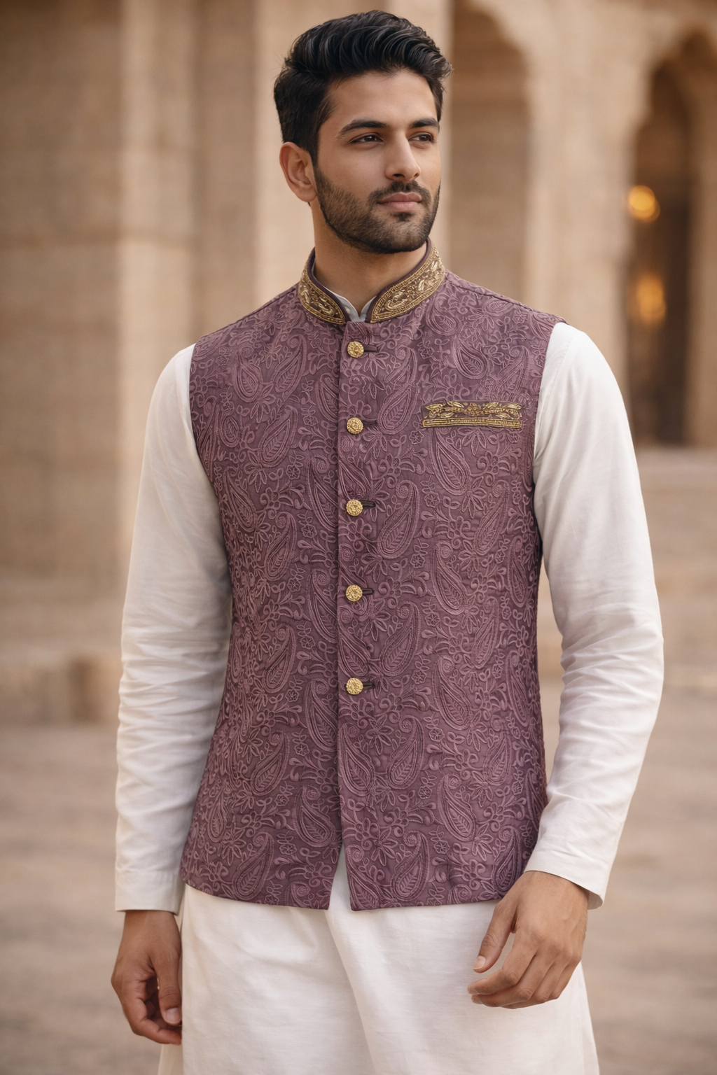 Mens Indian Nehru Jacket Plum Standing male gents UK wedding waistcoat