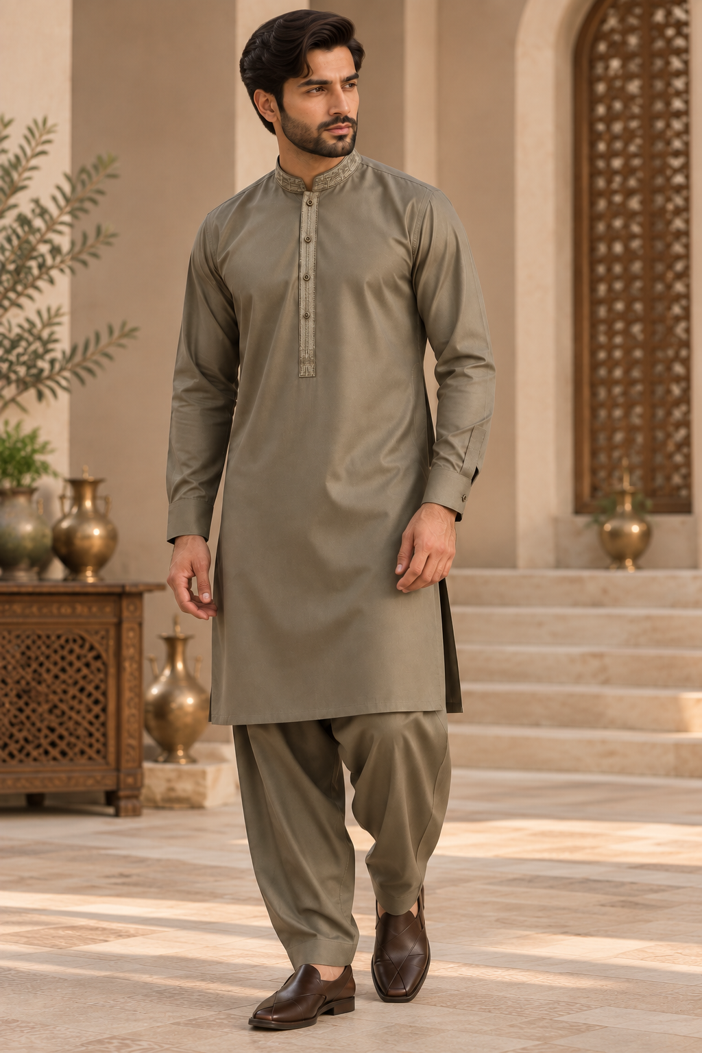 Men’s Embroidered Khaki Shalwar Kameez