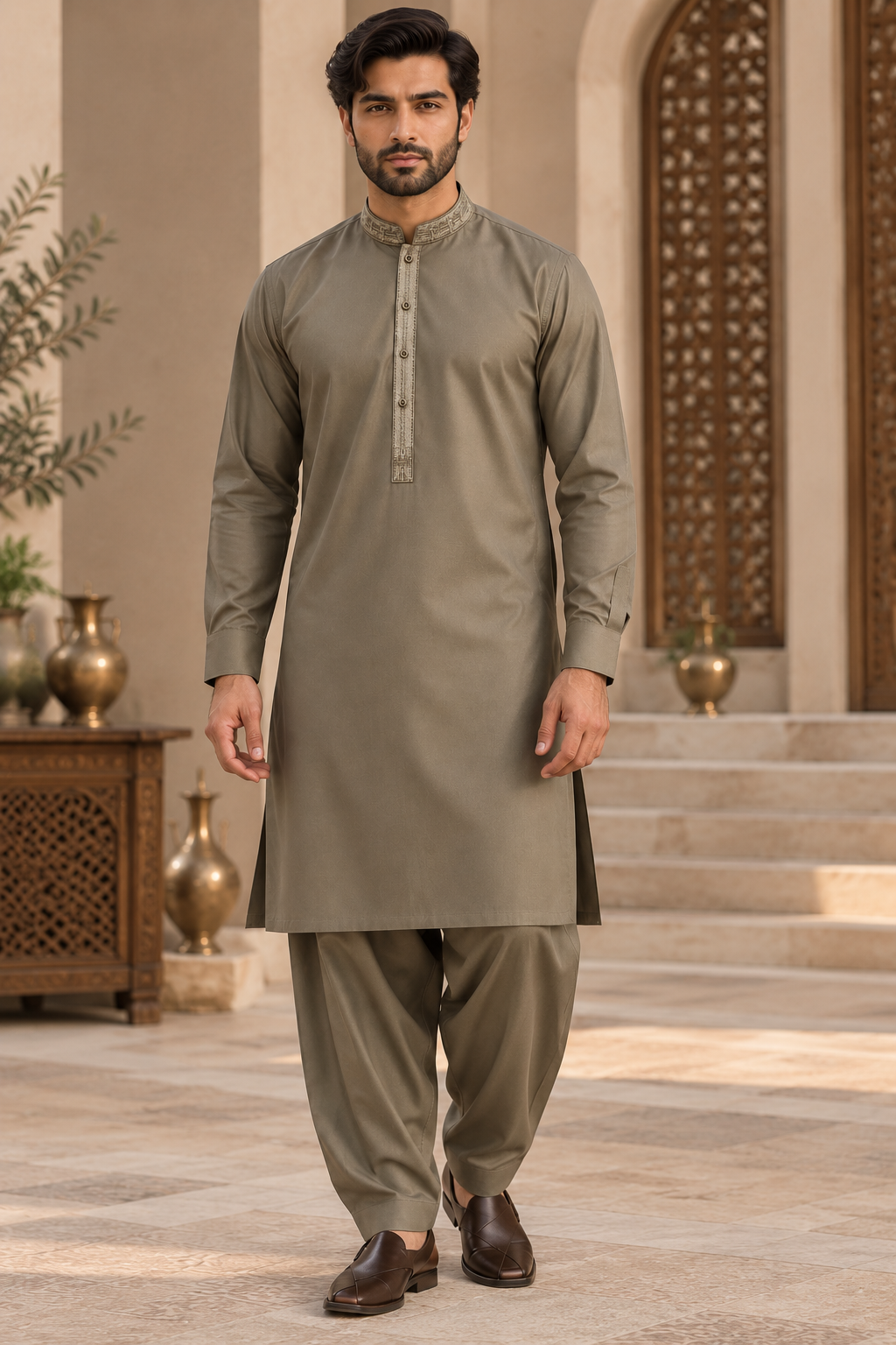 Men’s Embroidered Khaki Shalwar Kameez