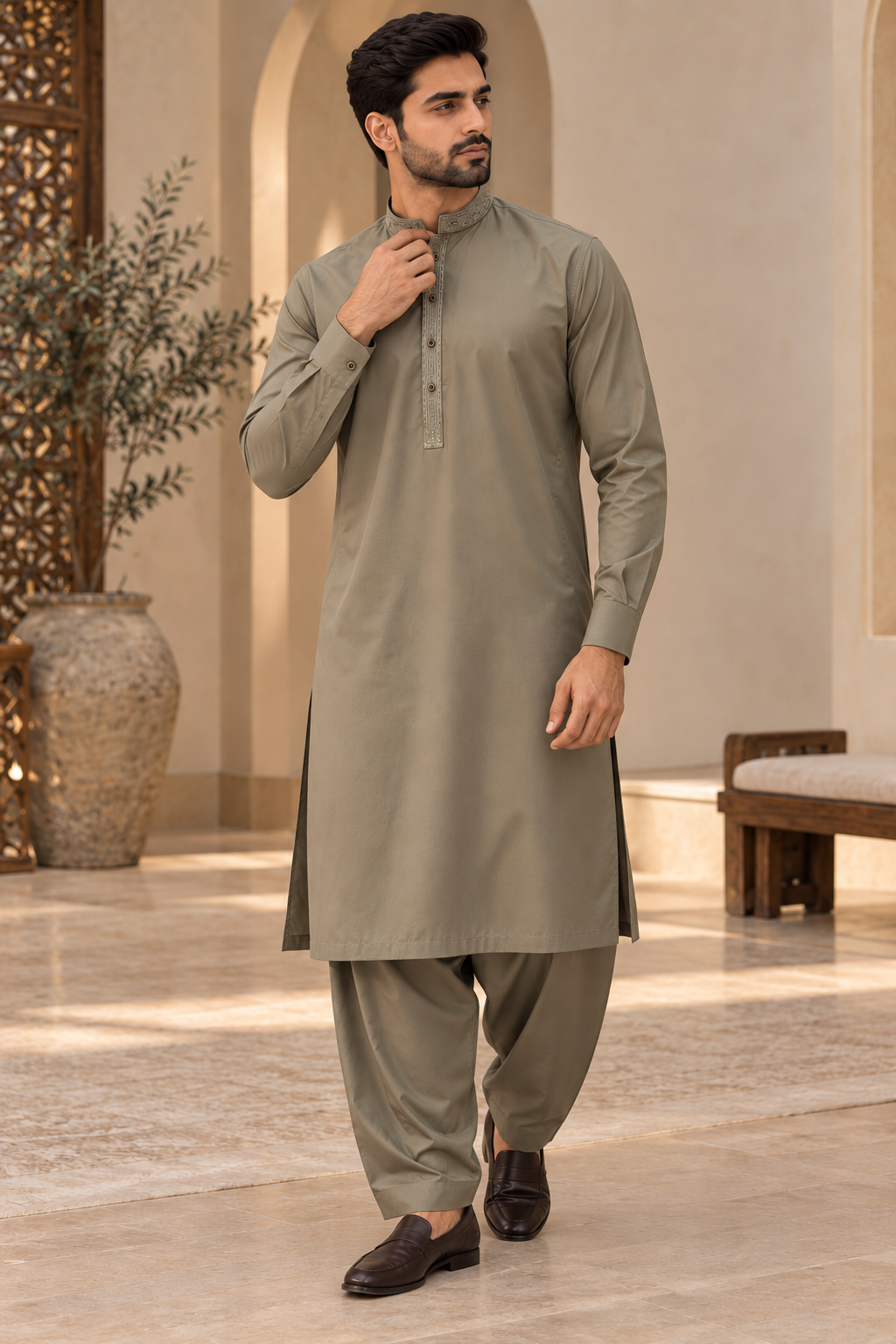 Men’s Embroidered Khaki Shalwar Kameez