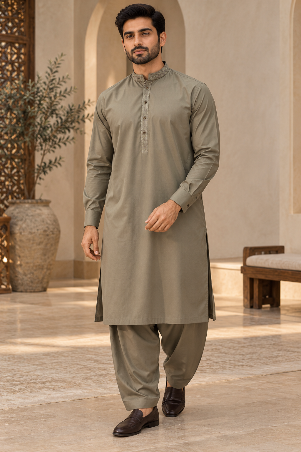 Men’s Embroidered Khaki Shalwar Kameez