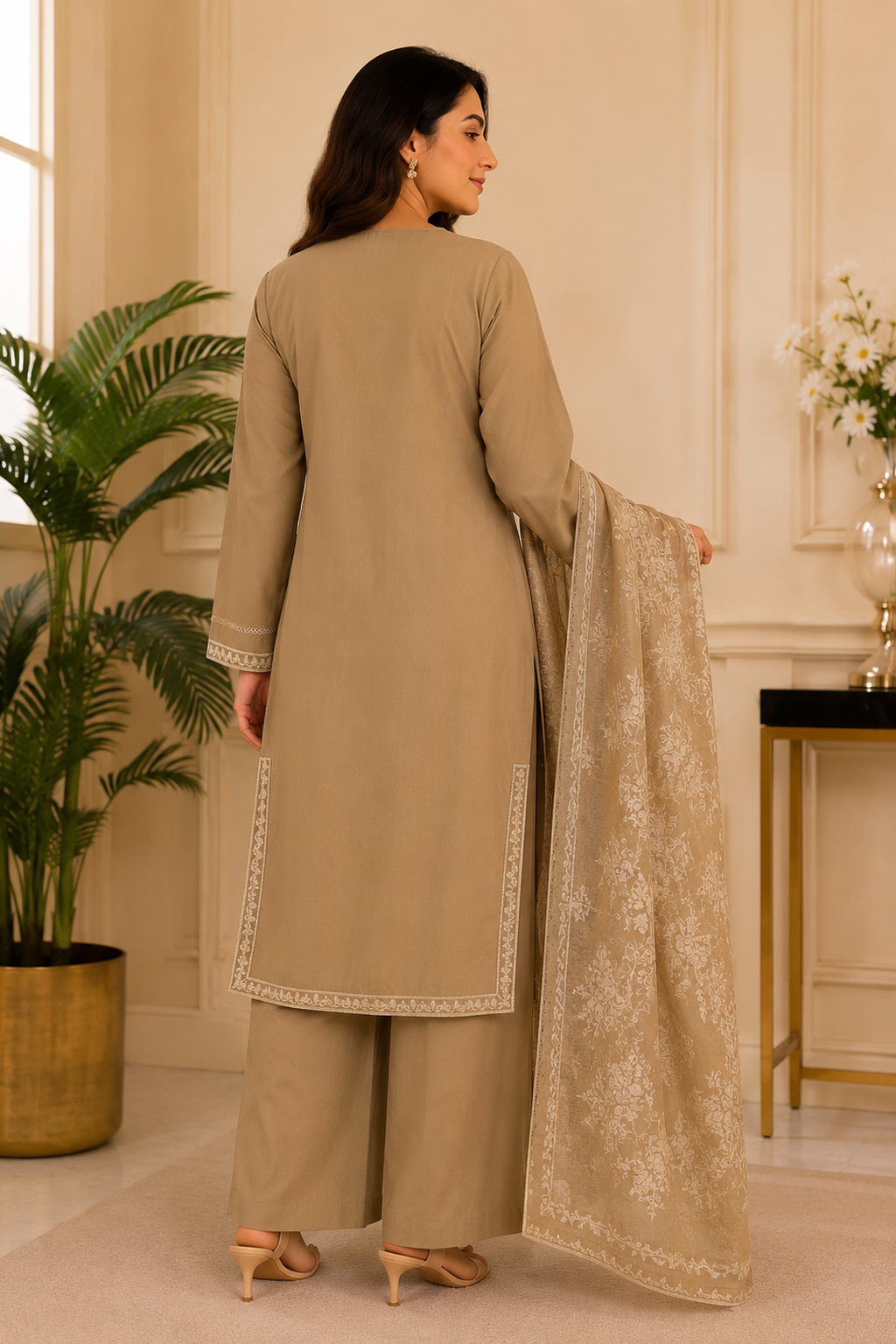 Ladies khaki palazzo pants salwar suit back view