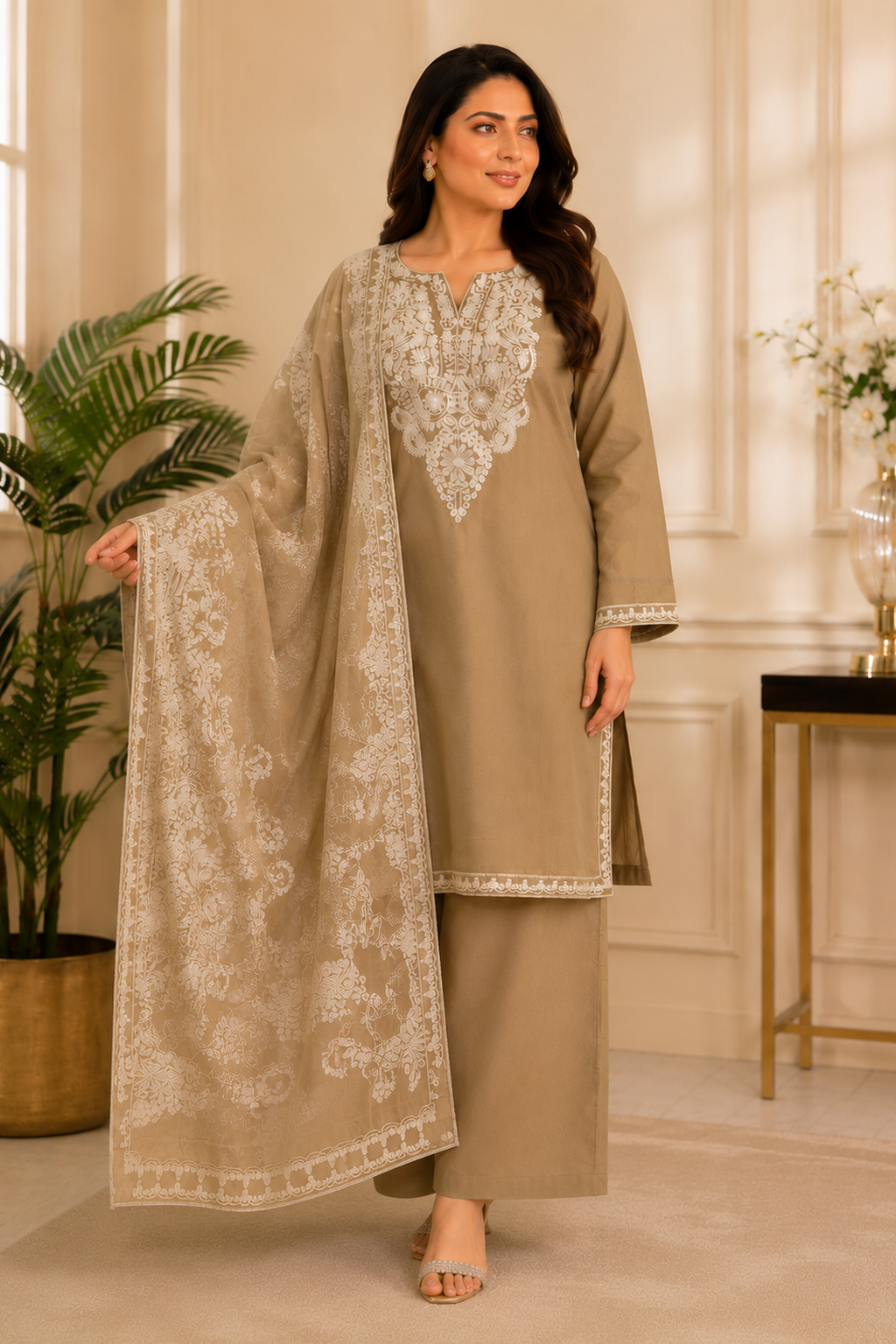 Ladies khaki palazzo pants salwar suit full view 