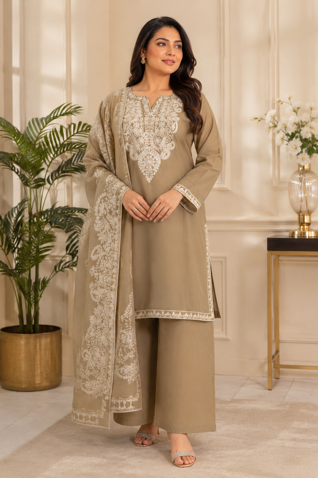 Ladies khaki palazzo pants salwar suit full view 