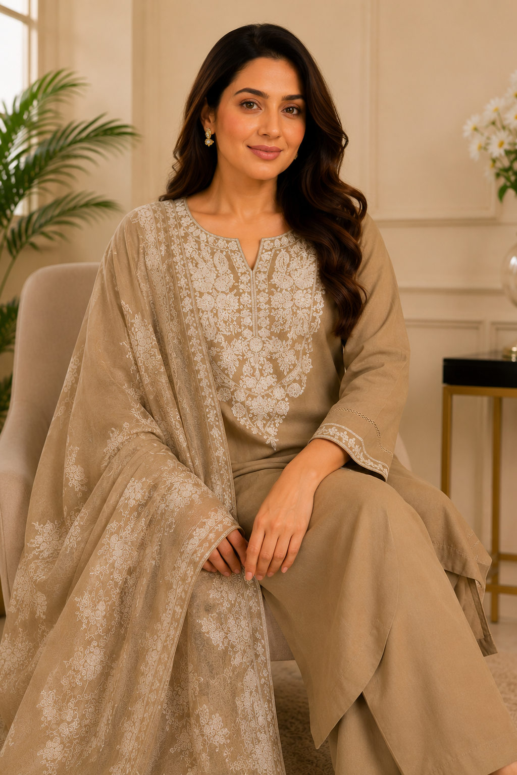 Ladies khaki palazzo pants salwar suit seated view