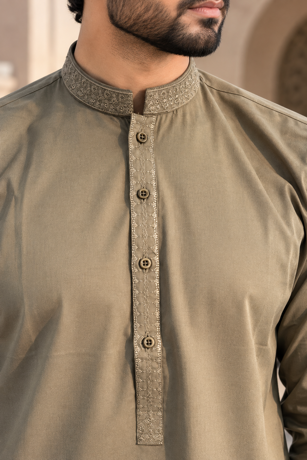 Men’s Khaki Embroidered Shalwar Kameez