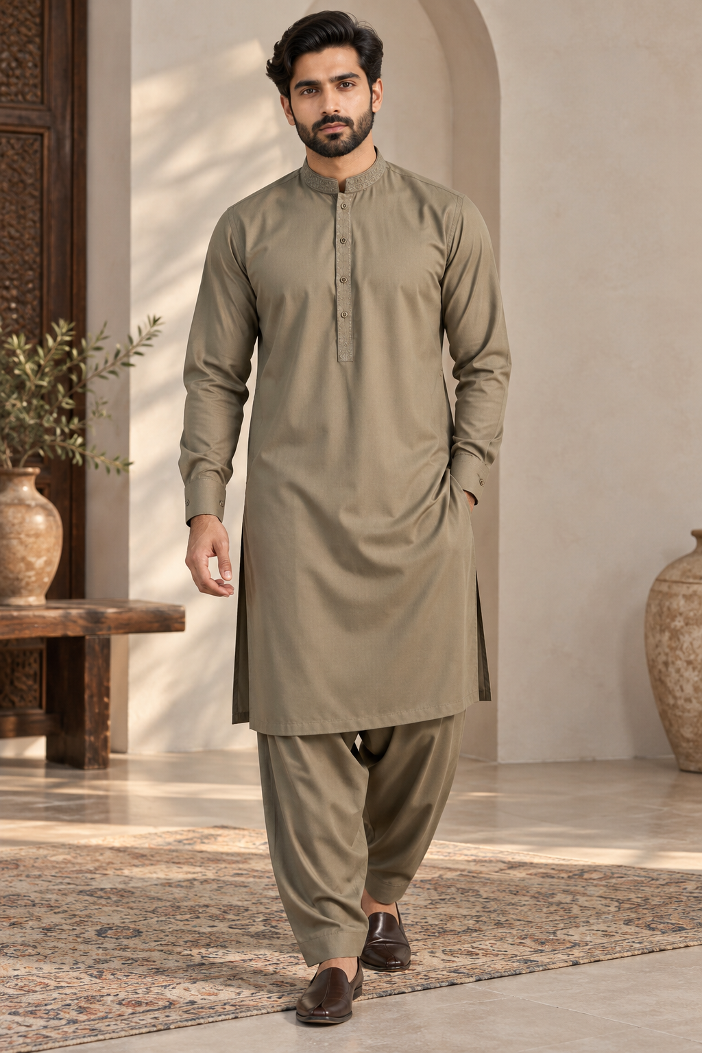 Men’s Khaki Embroidered Shalwar Kameez