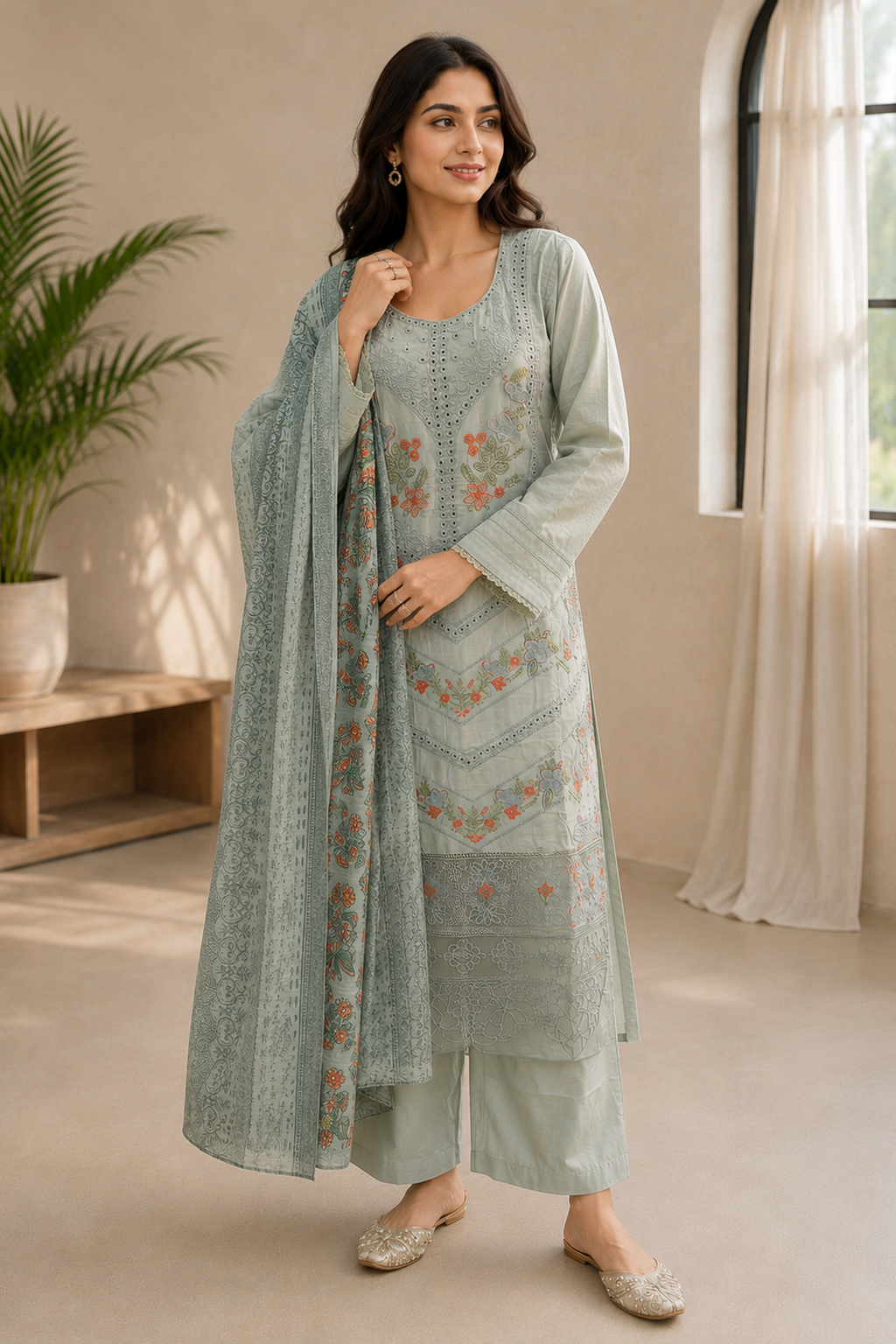 ladies grey palazzo pants trouser salwar suit Pakistani with dupatta