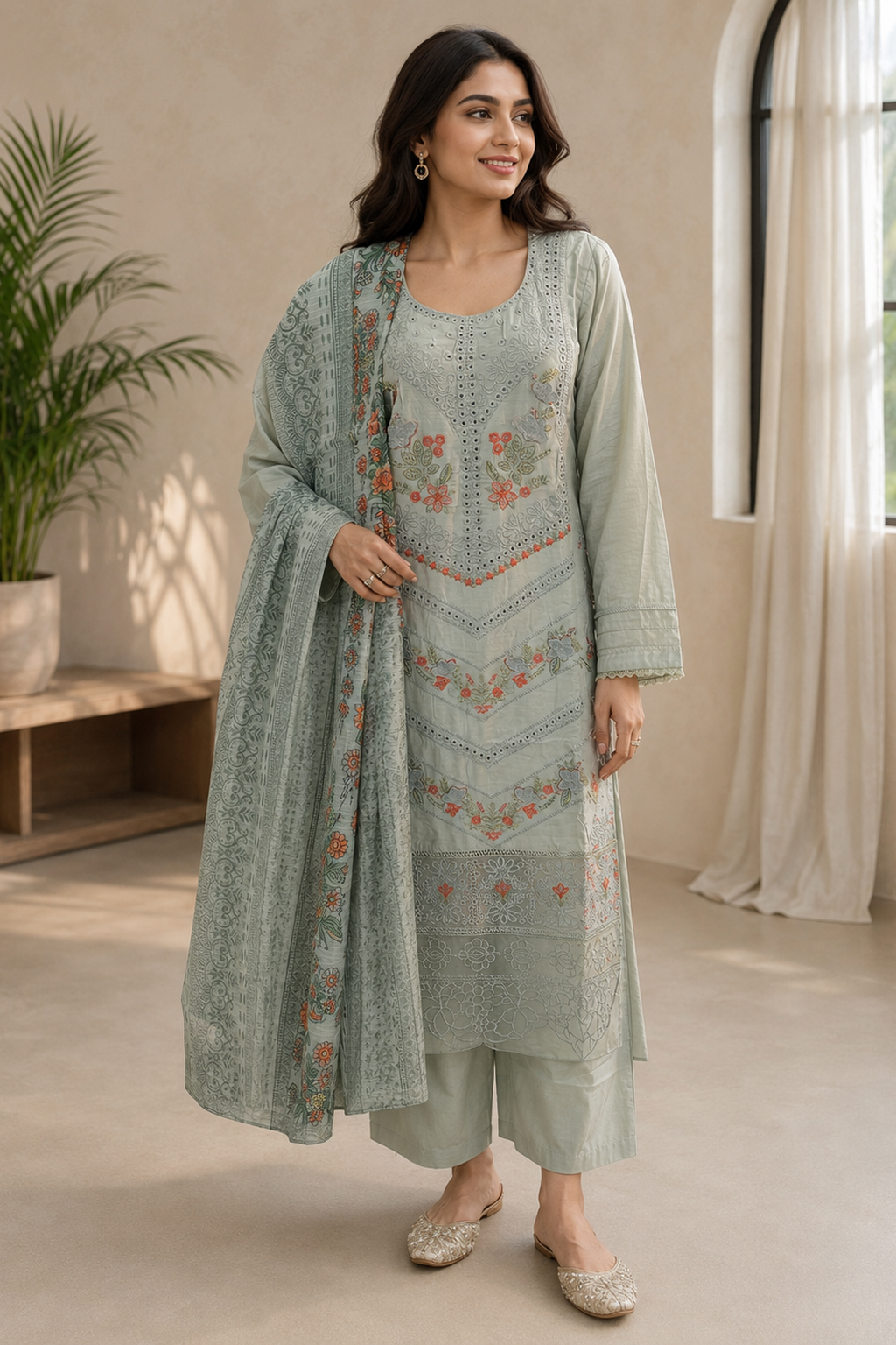 ladies grey palazzo pants trouser salwar suit Pakistani with dupatta
