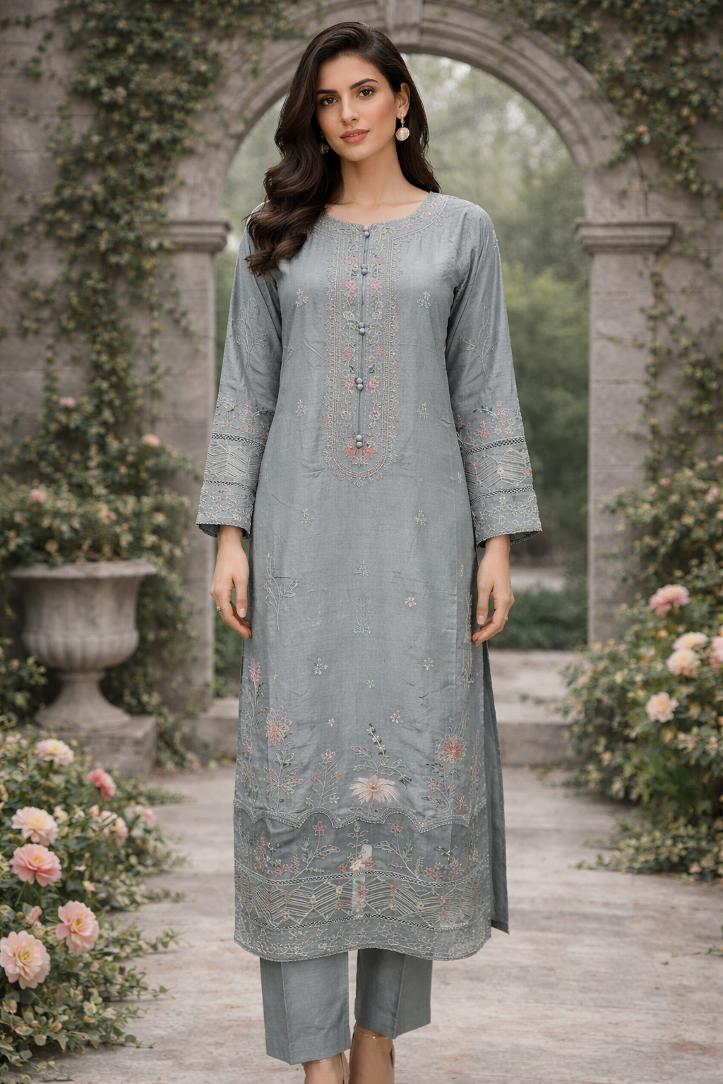 Ladies Grey Trouser Suit Front View