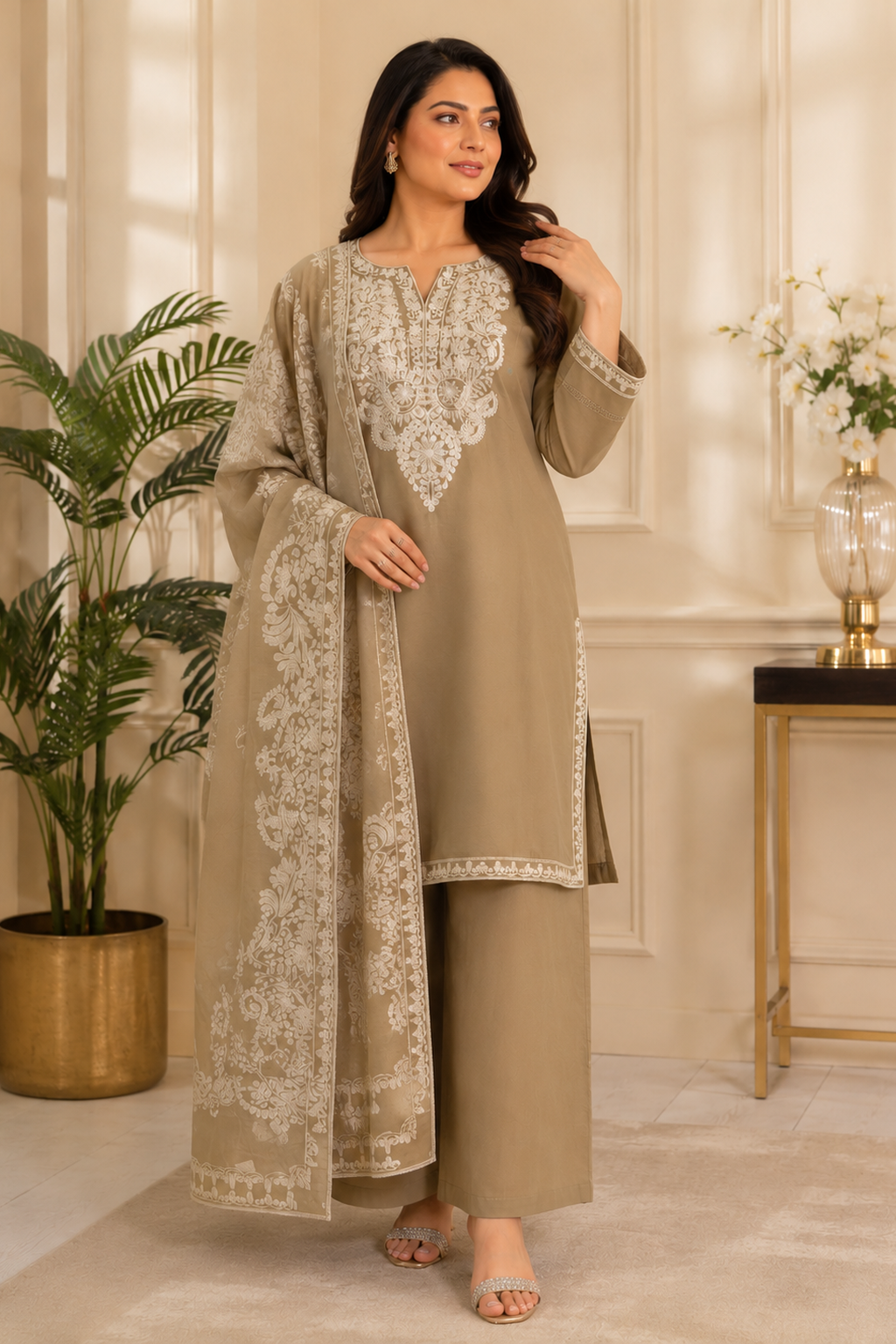 Ladies khaki palazzo pants salwar suit full view 