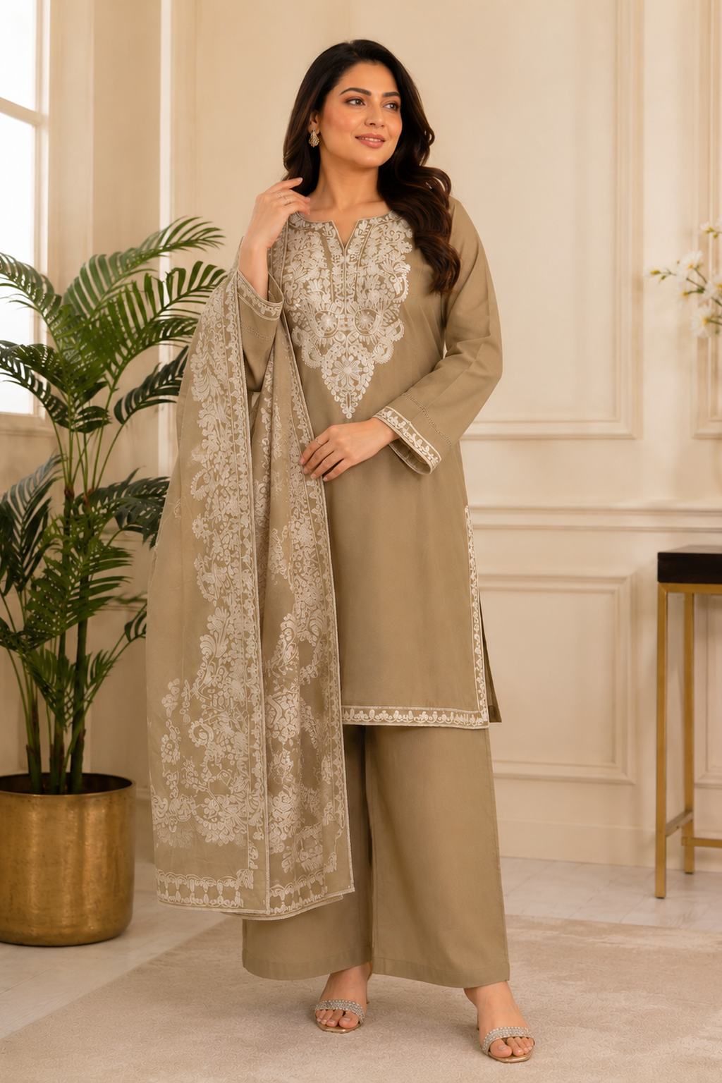 Ladies khaki palazzo pants salwar suit full view 