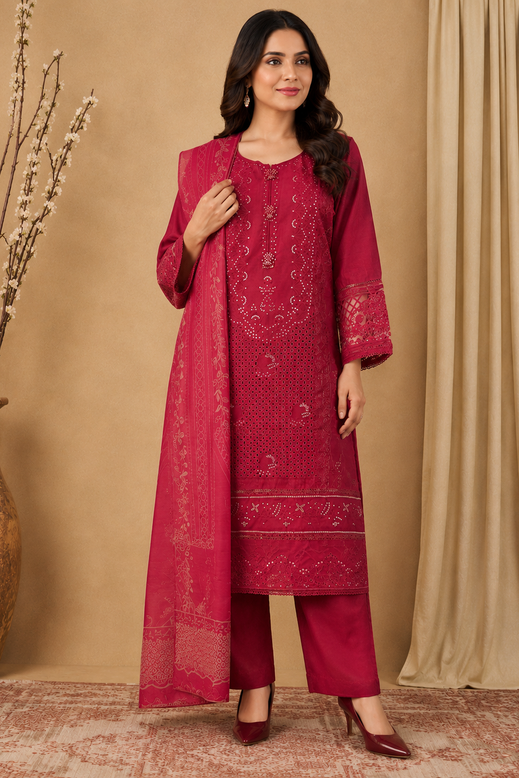 Ladies three piece pakistani palazzo suit outfit for women. Ready made ready to wear. Maroon Colour 