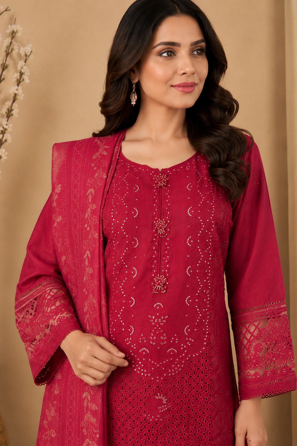 Ladies three piece pakistani palazzo suit outfit for women. Ready made ready to wear. Maroon Colour 