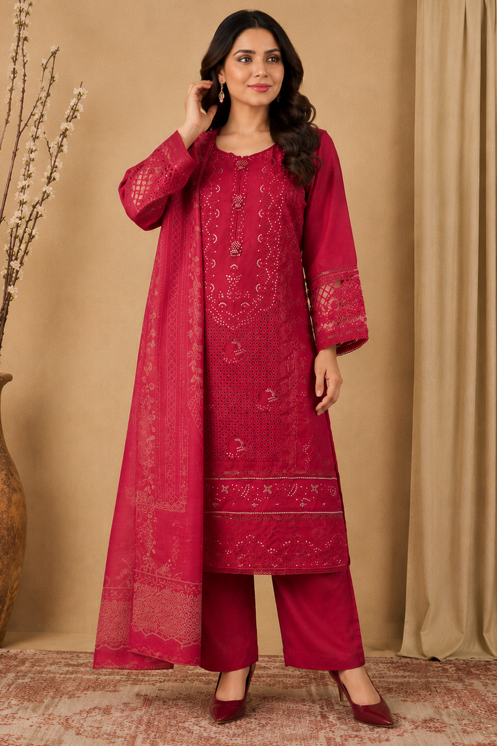 Ladies three piece pakistani palazzo suit outfit for women. Ready made ready to wear. Maroon Colour 