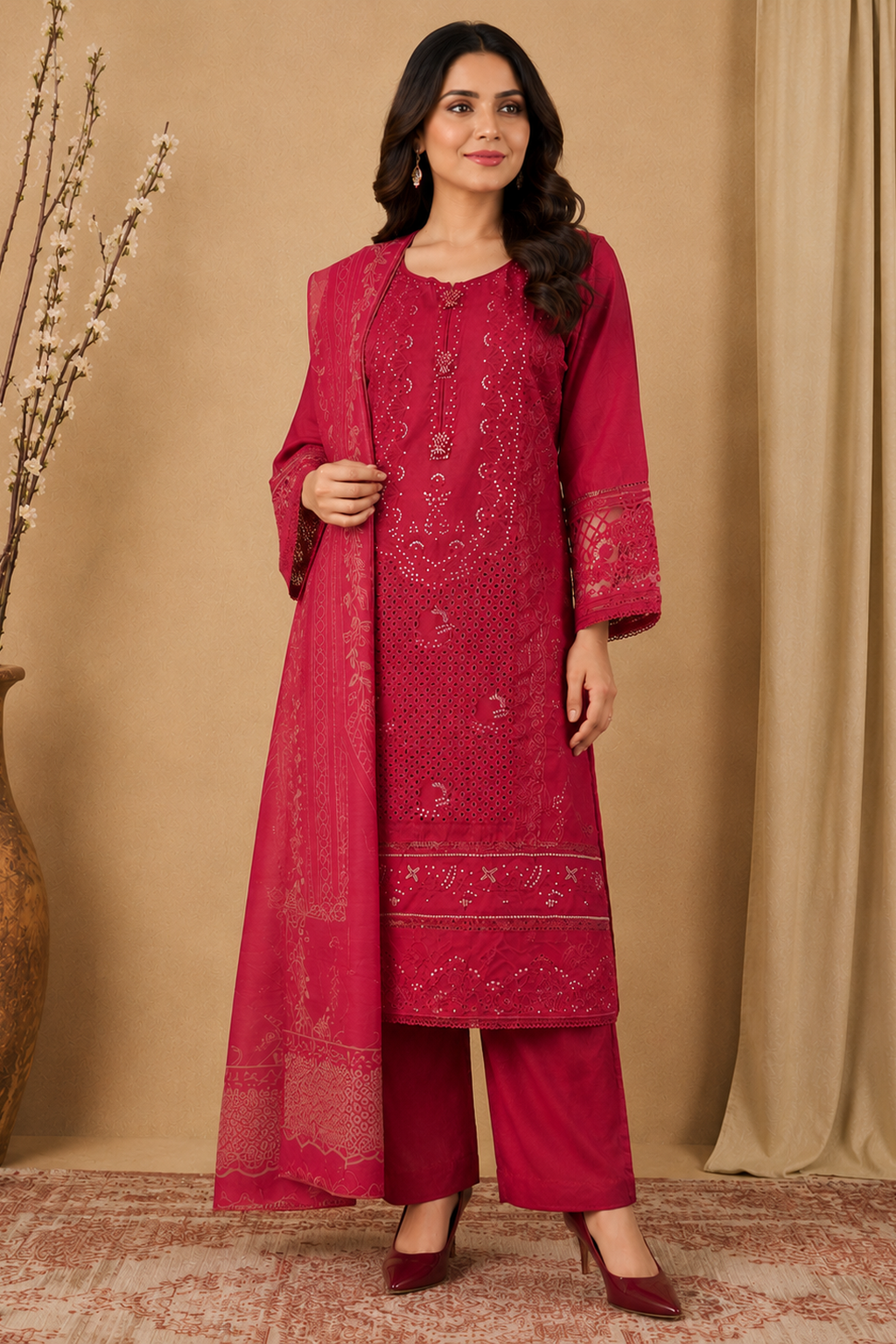 Ladies three piece pakistani palazzo suit outfit for women. Ready made ready to wear. Maroon Colour 