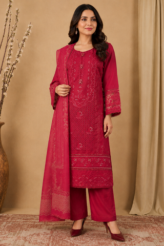 Ladies three piece pakistani palazzo suit outfit for women. Ready made ready to wear. Maroon Colour 