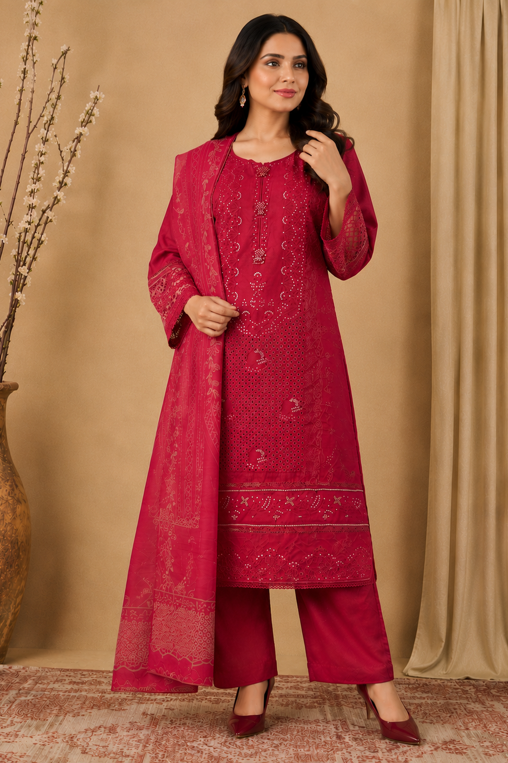 Ladies three piece pakistani palazzo suit outfit for women. Ready made ready to wear. Maroon Colour 