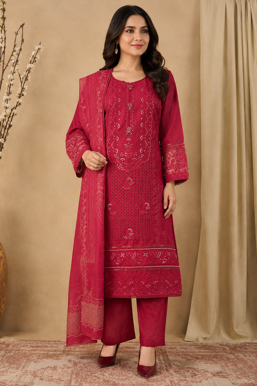 Maroon Embroidered Premium Cotton Palazzo Suit | Ready to Wear Women's Salwar Suit with Printed Dupatta