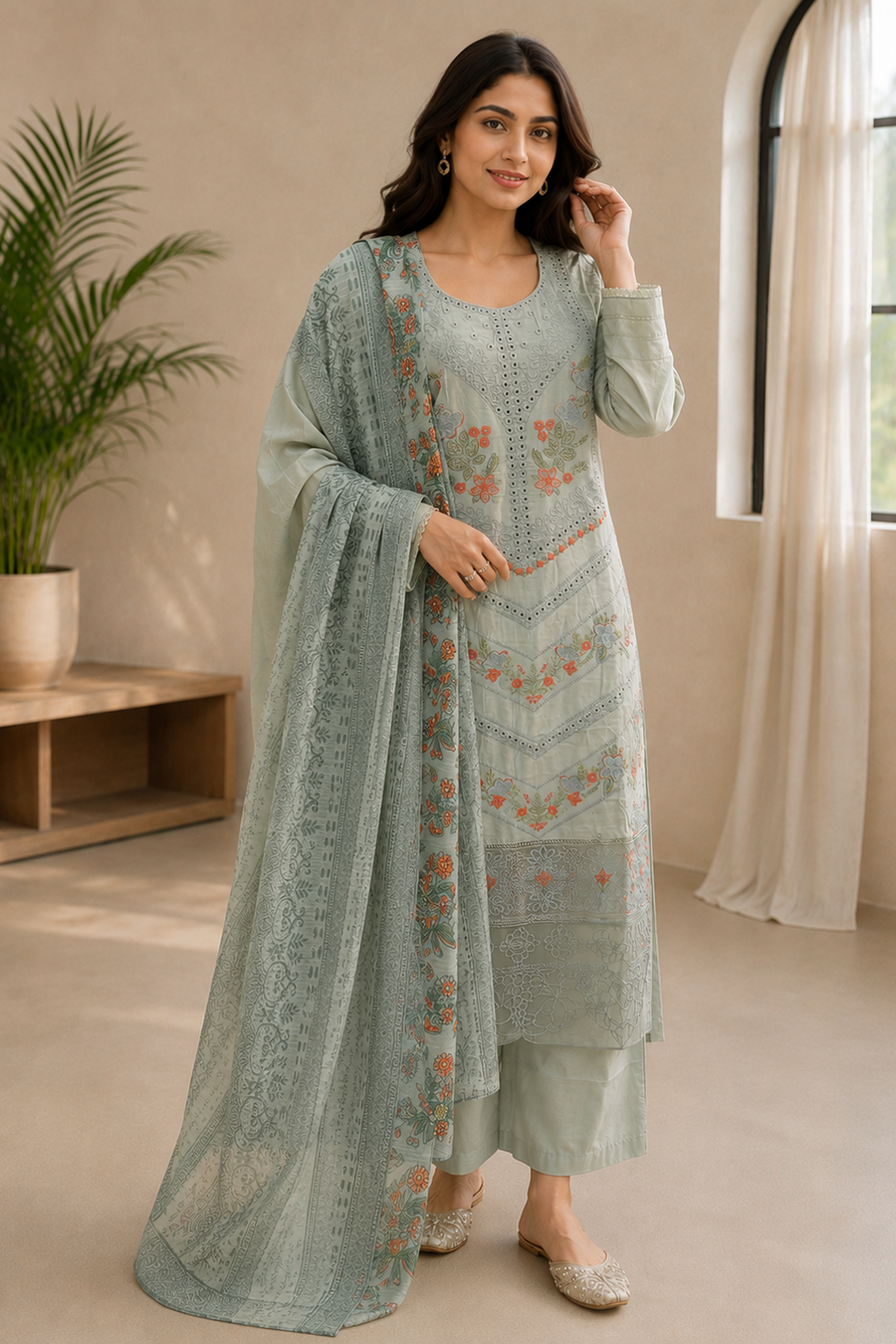 Grey Embroidered Palazzo Suit - 3 Piece With Dupatta