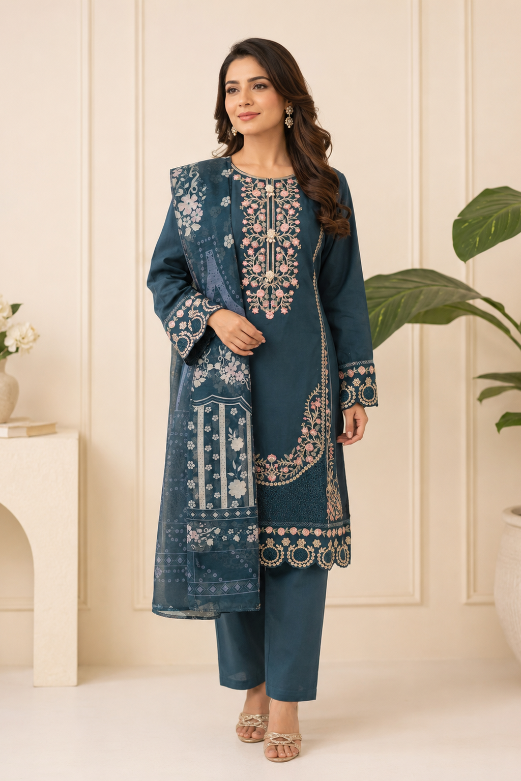 Ladies Womens Casual Party Wear Teal Pakistani Salwar Kameez Trouser Palazzo Pants Suit Full Length View -  Ready made Ready To Wear Ladies Pakistani Clothes
