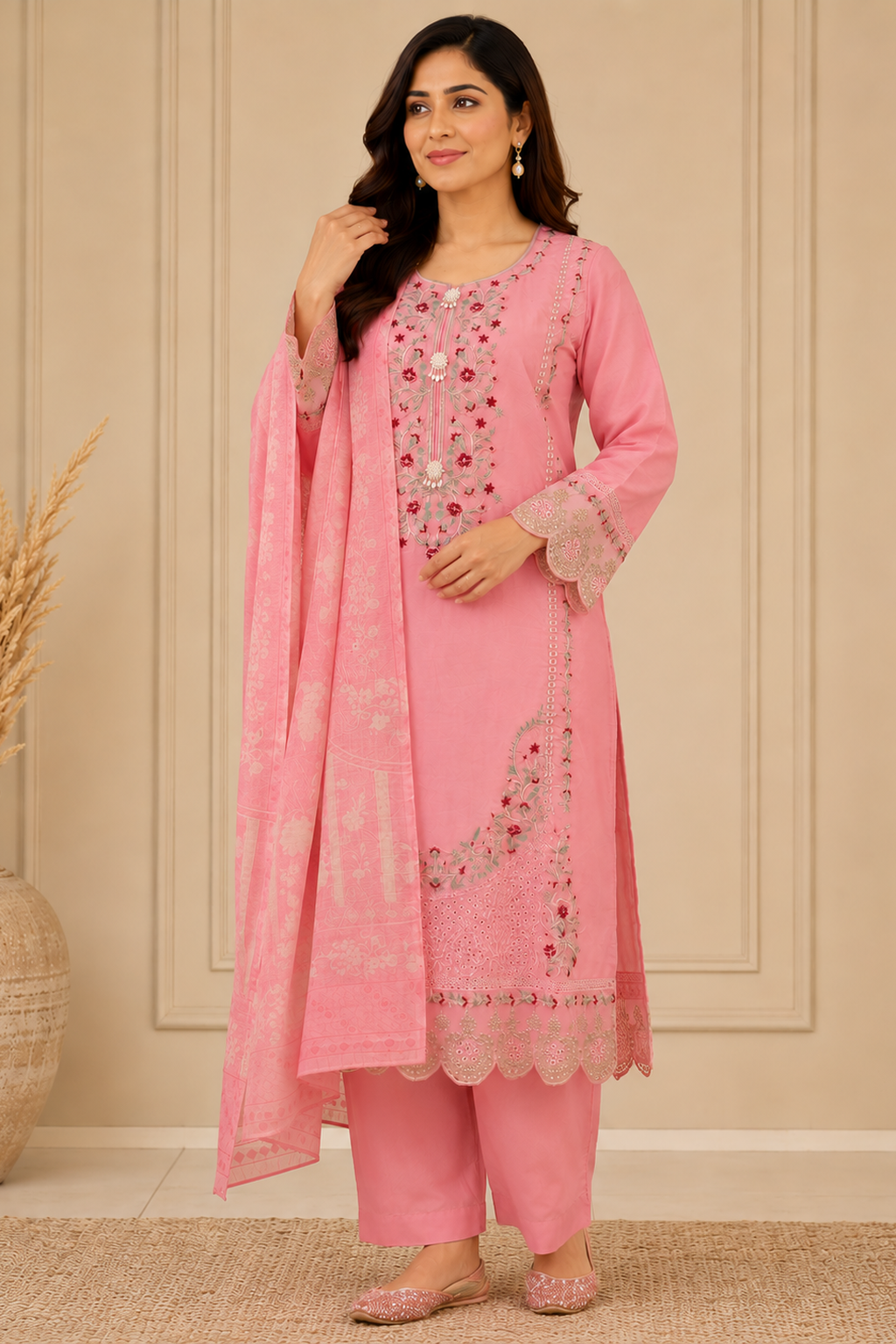 peachy pink ladies womens pakistani palazzo salwar trouser suit. Perfect for weddings and formal wear full view ready made ready to wear pakistani clothes