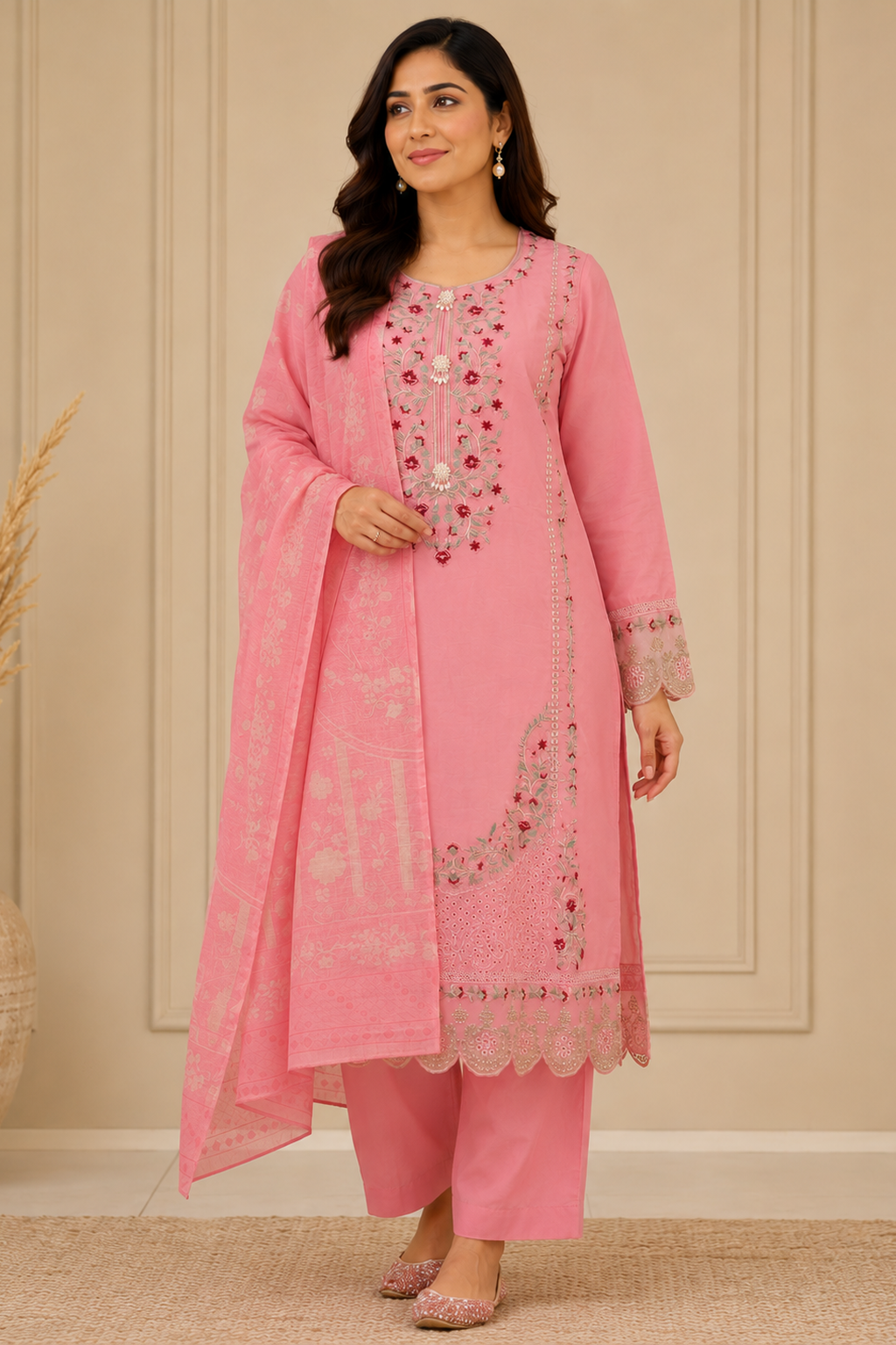 peachy pink ladies womens pakistani palazzo salwar trouser suit. Perfect for weddings and formal wear full view ready made ready to wear pakistani clothes