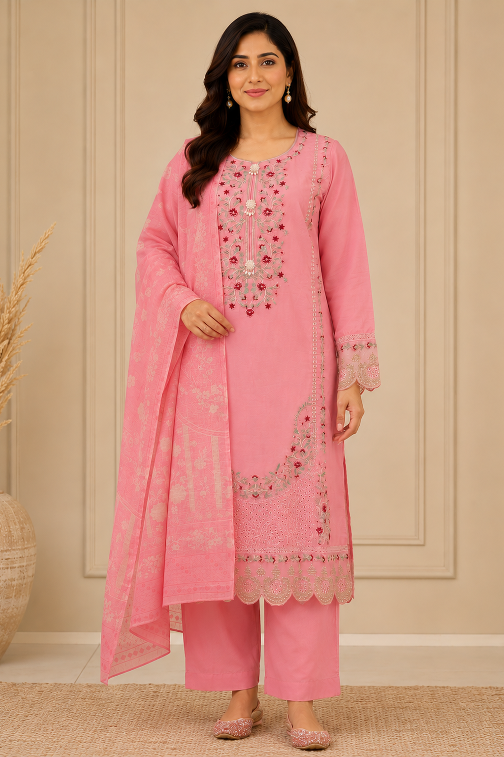 peachy pink ladies womens pakistani palazzo salwar trouser suit. Perfect for weddings and formal wear full view ready made ready to wear pakistani clothes
