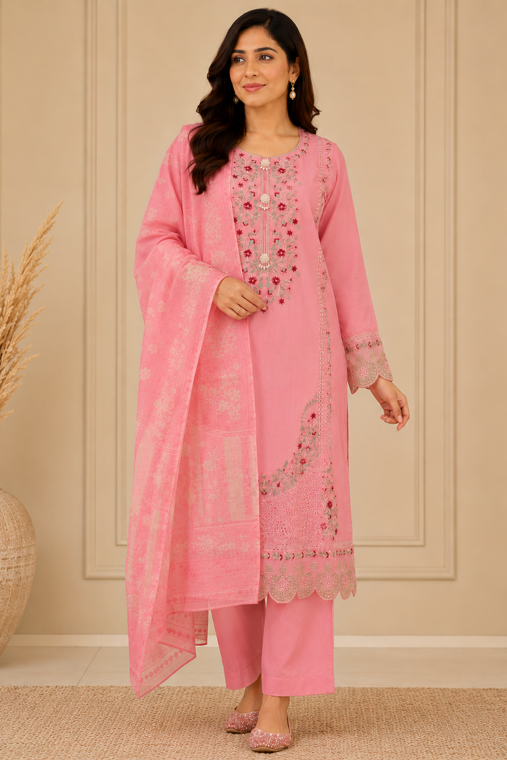 peachy pink ladies womens pakistani palazzo salwar trouser suit. Perfect for weddings and formal wear full view ready made ready to wear pakistani clothes