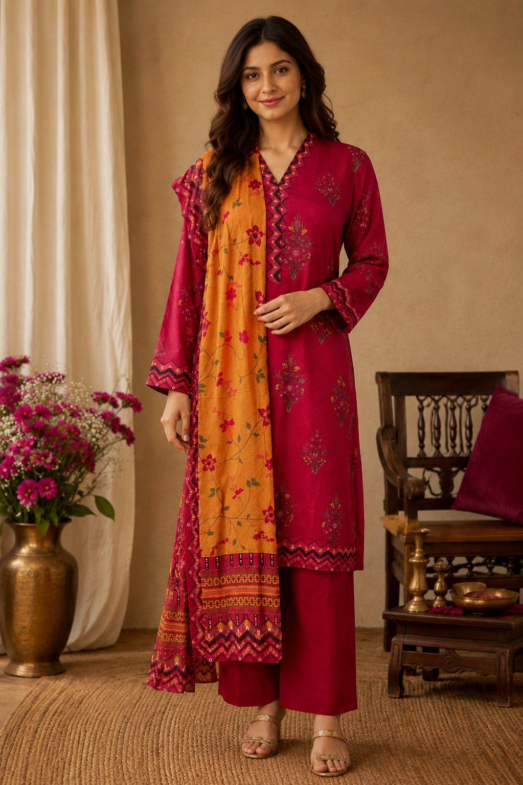 Tawakkal Deep Red Ladies Palazzo Pant Suit Full View