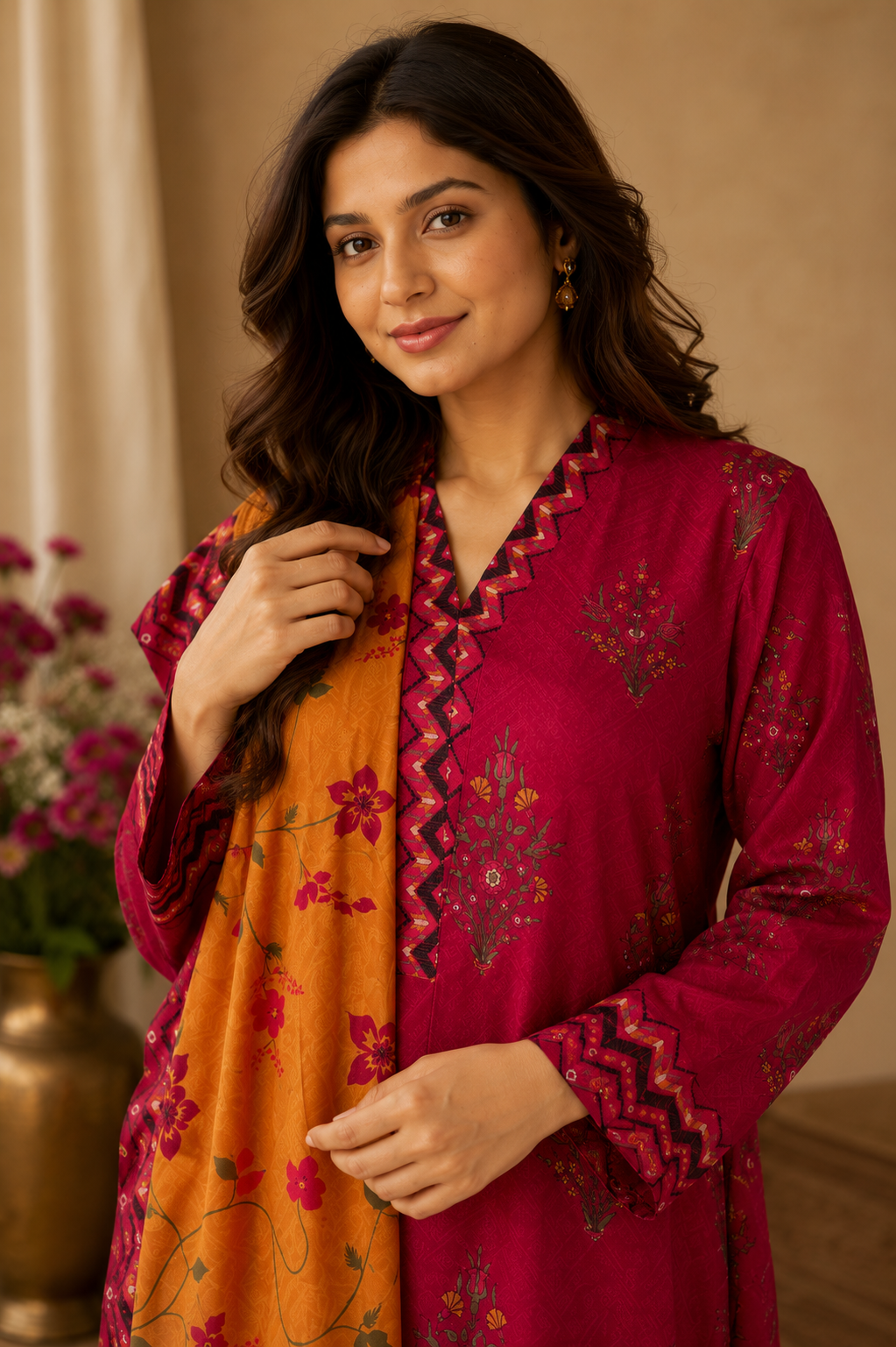 Tawakkal Deep Red Ladies Palazzo Pant Suit Close view